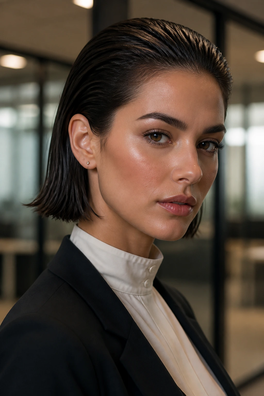 Portrait of a person with slicked-back wet look bob in an office setting