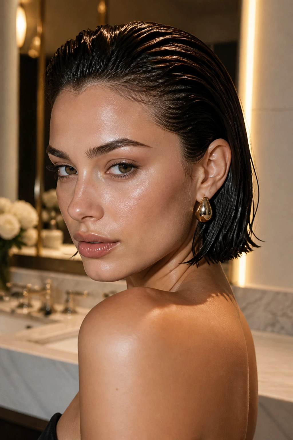 Close-up portrait of a real woman with a glossy wet-look bob in warm bathroom lighting
