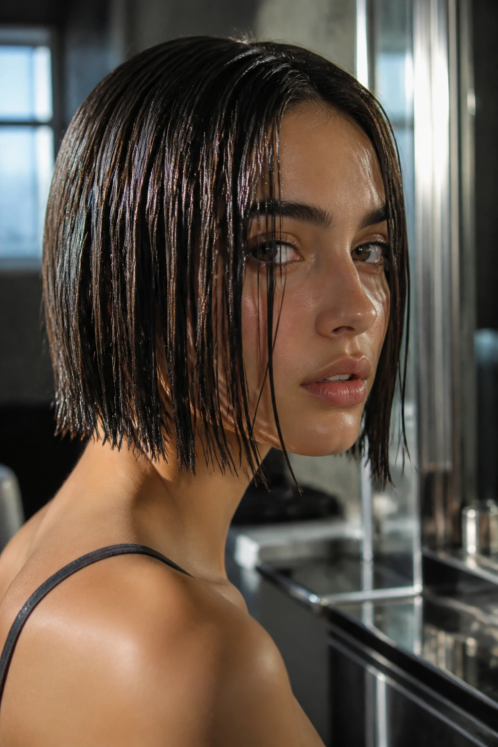 Close-up of a real woman with a wet-look razored bob