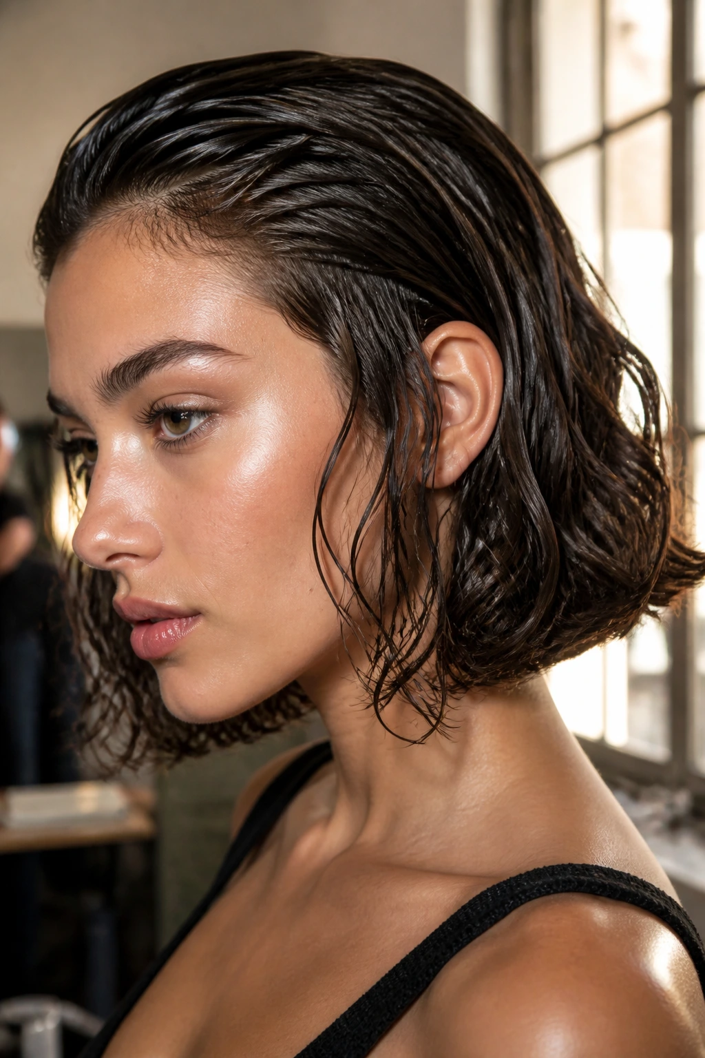 Close-up of a woman with a glossy wet-look wavy bob and slick roots
