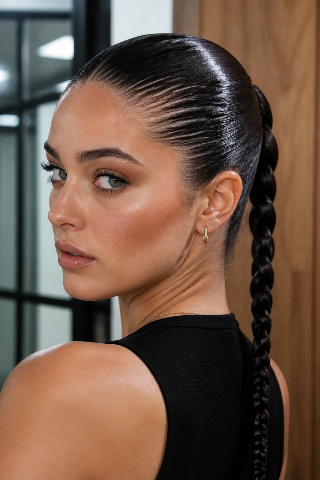 Real person with wet-look ponytail braid close-up