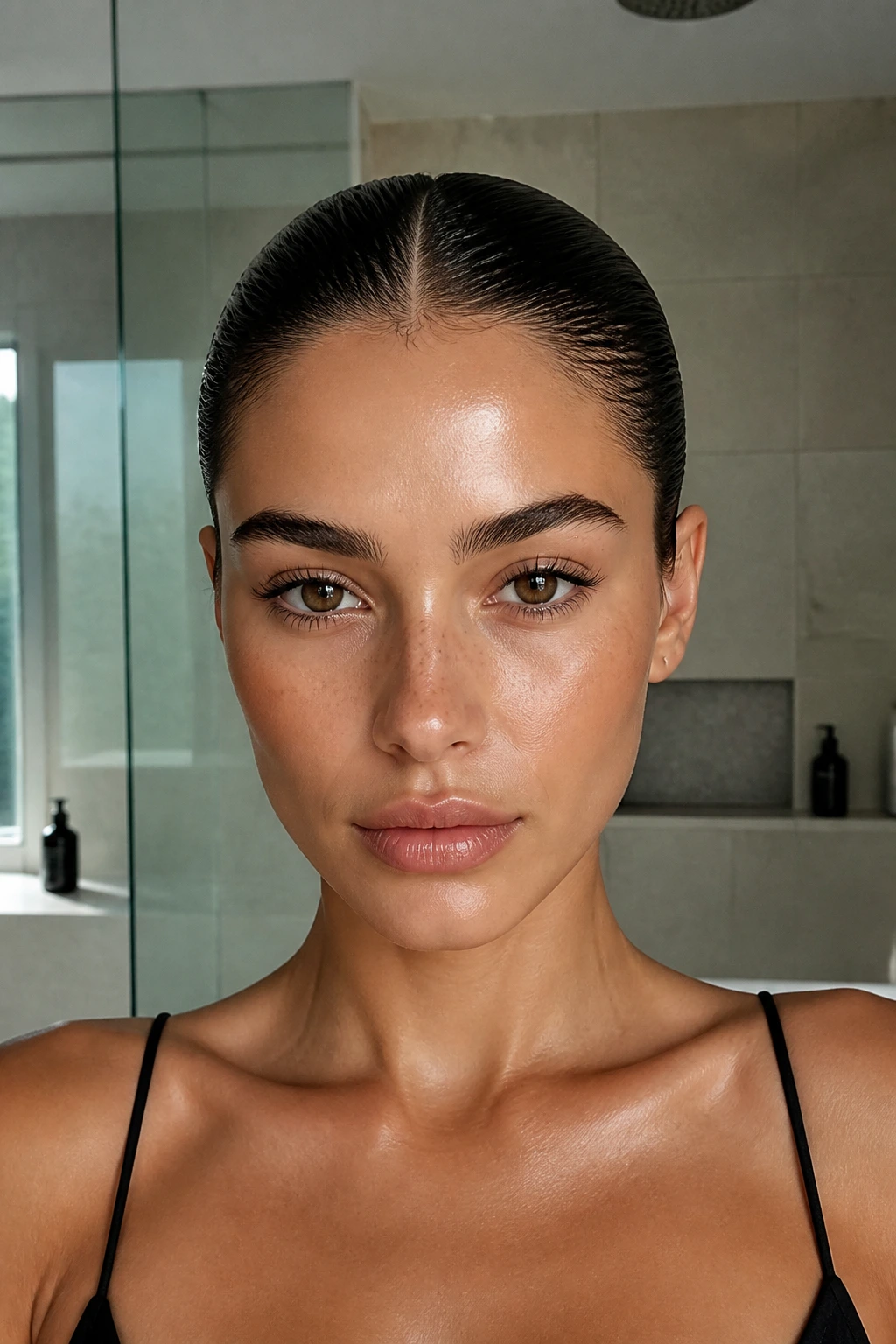 Close-up of a real woman with a wet-look slicked-back low bun in bathroom light