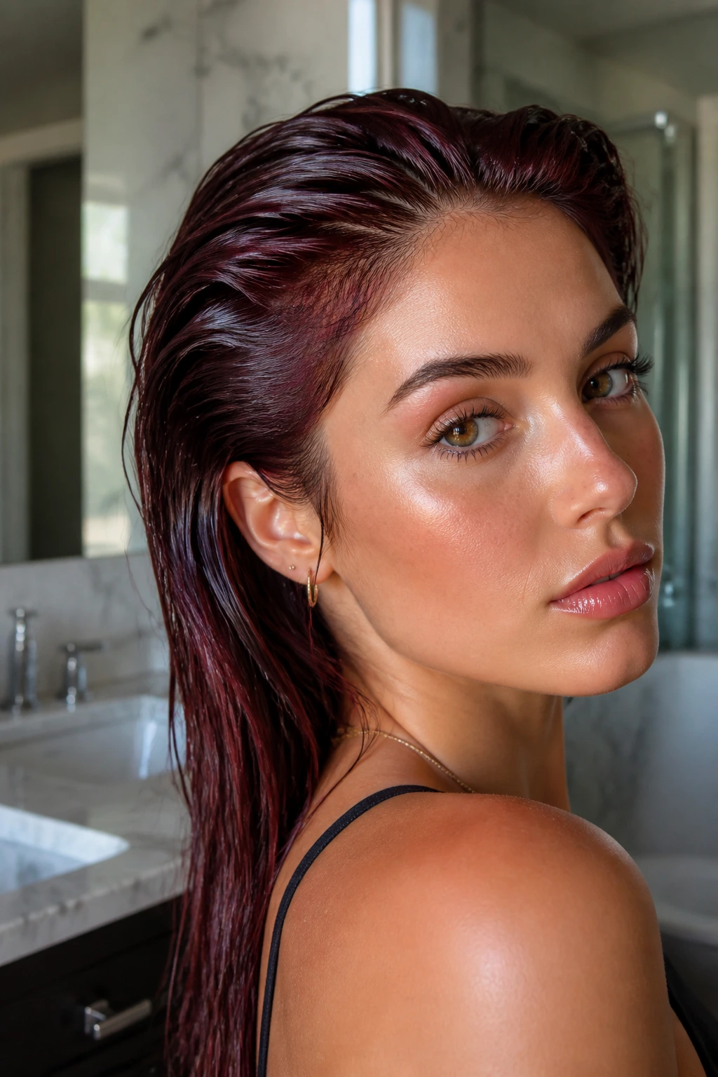Close-up portrait of a real person with burgundy wet-look hair, glossy and sleek indoors.