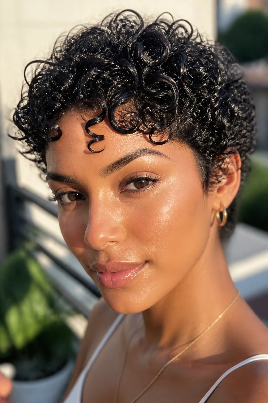 Close-up of glossy wet-look curls on a real person outdoors