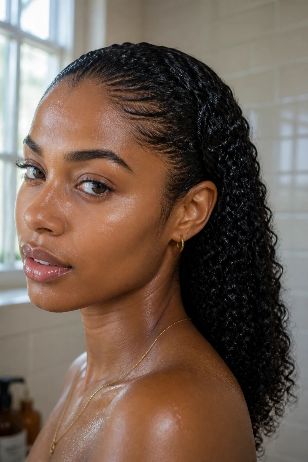 Close-up of a Black woman's damp slicked-back curls with defined pattern