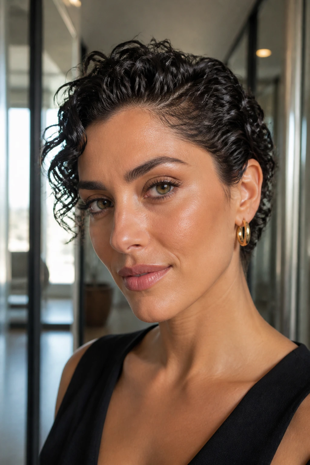 Close-up of a real woman with a wet-look sculpted curls.