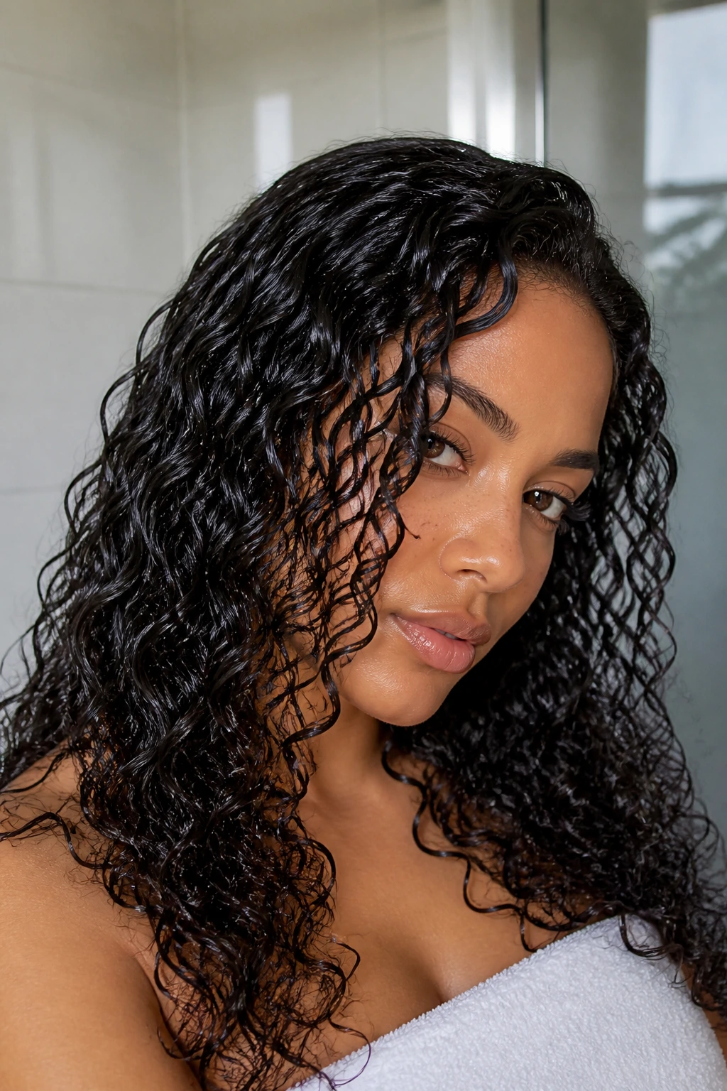 Glossy wet-look curls on a real woman in a bathroom setting