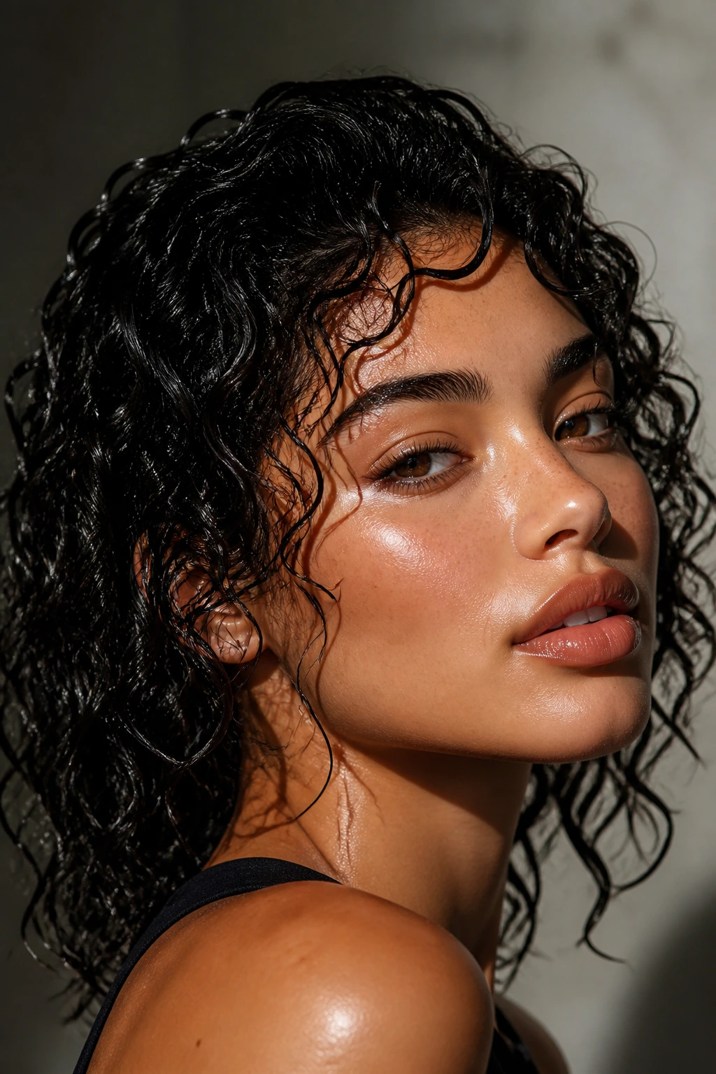 Close-up of a real woman with glossy wet-look curls