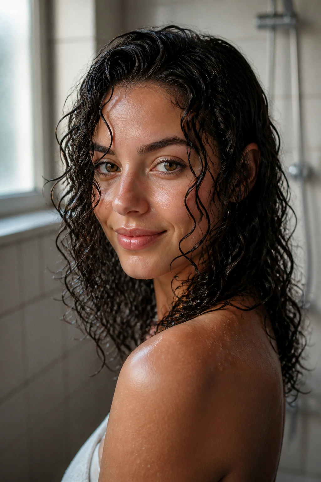Close-up of a real woman with glossy wet-look curls