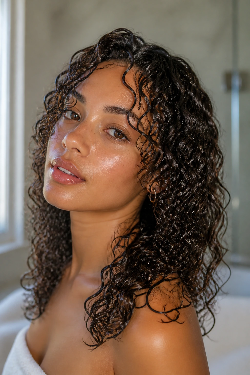 Real woman with glossy wet-look curls close-up portrait