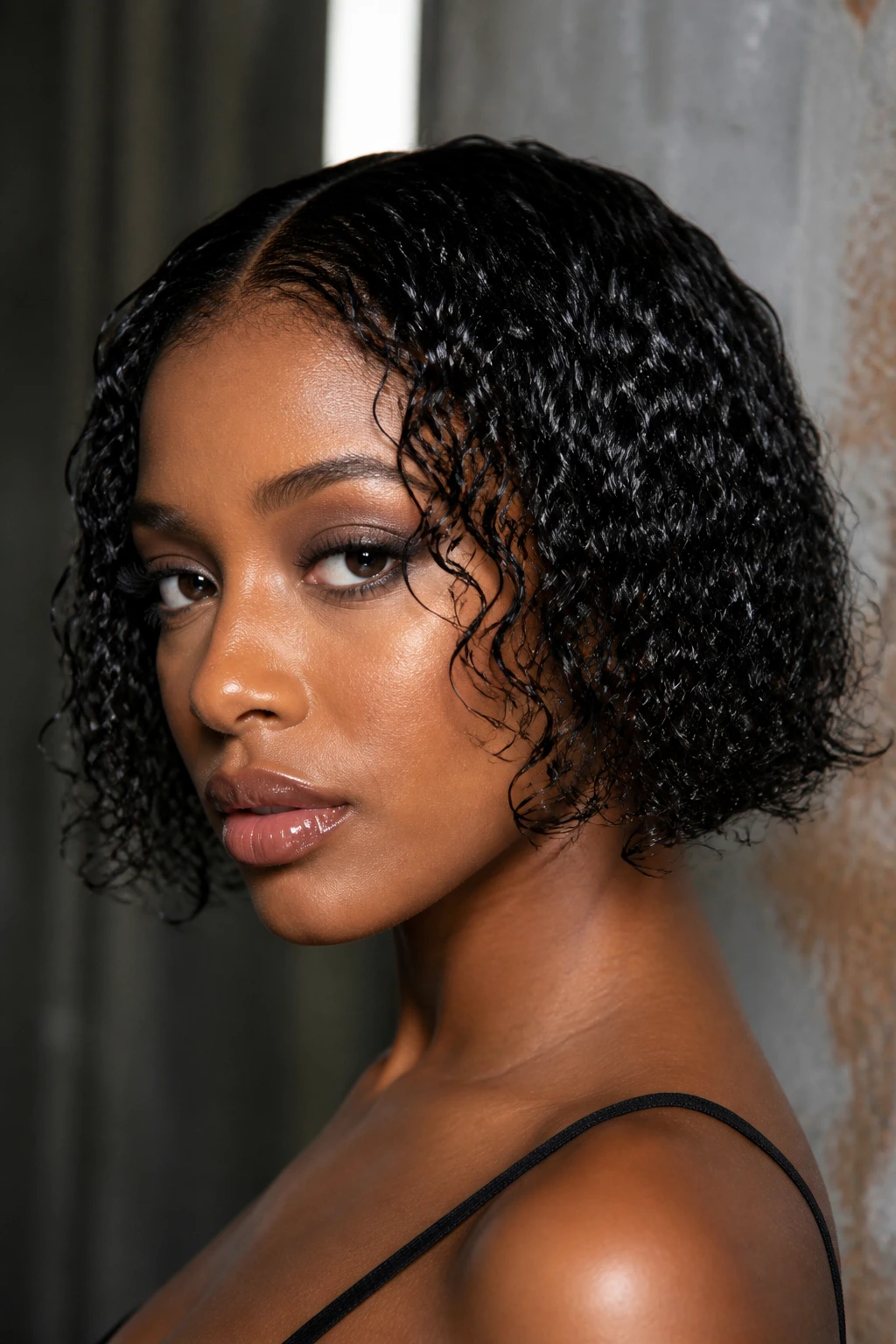 Close-up of a real woman with a high-shine damp-coil bob in editorial lighting