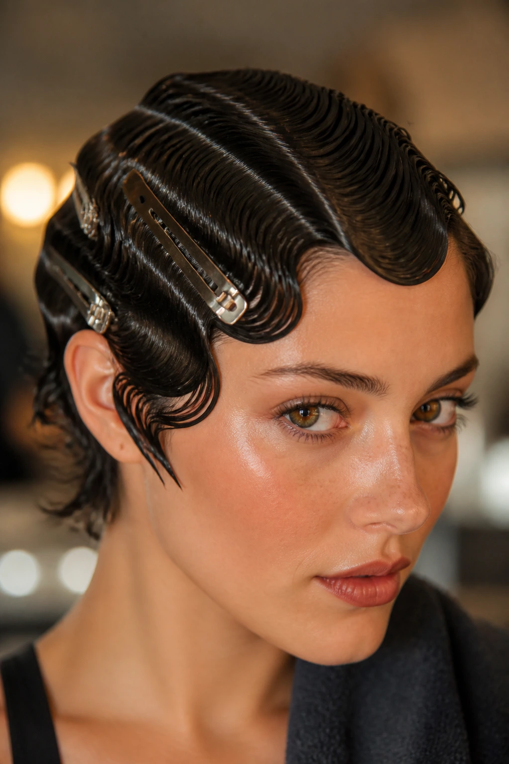 Close-up of a real woman with wet-look finger waves on a short haircut