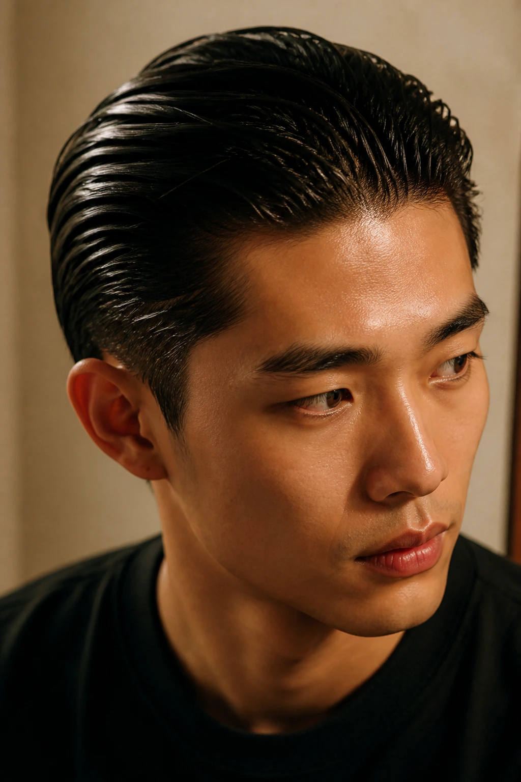 Close-up of a real person with a glossy wet-look slicked-back hairstyle