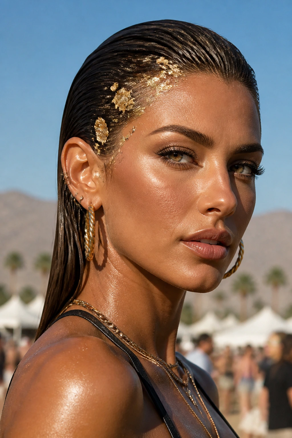 Close-up of a person with a slicked-back wet hairstyle and gold leaf accents along the hairline
