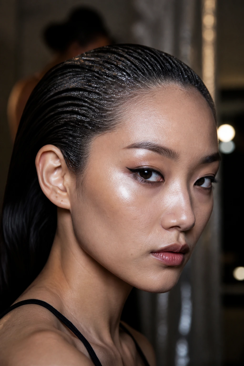 Close-up of a real woman with slicked-back wet-look hair and gunmetal glitter at the roots.