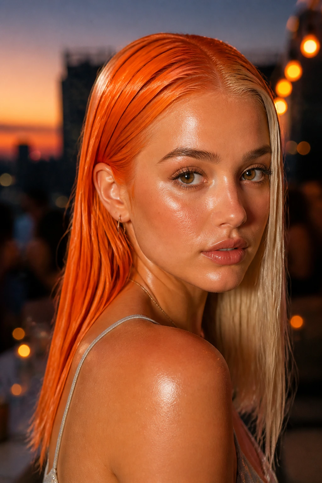 Close-up of a real woman with glossy wet-look creamsicle hair in orange and vanilla tones