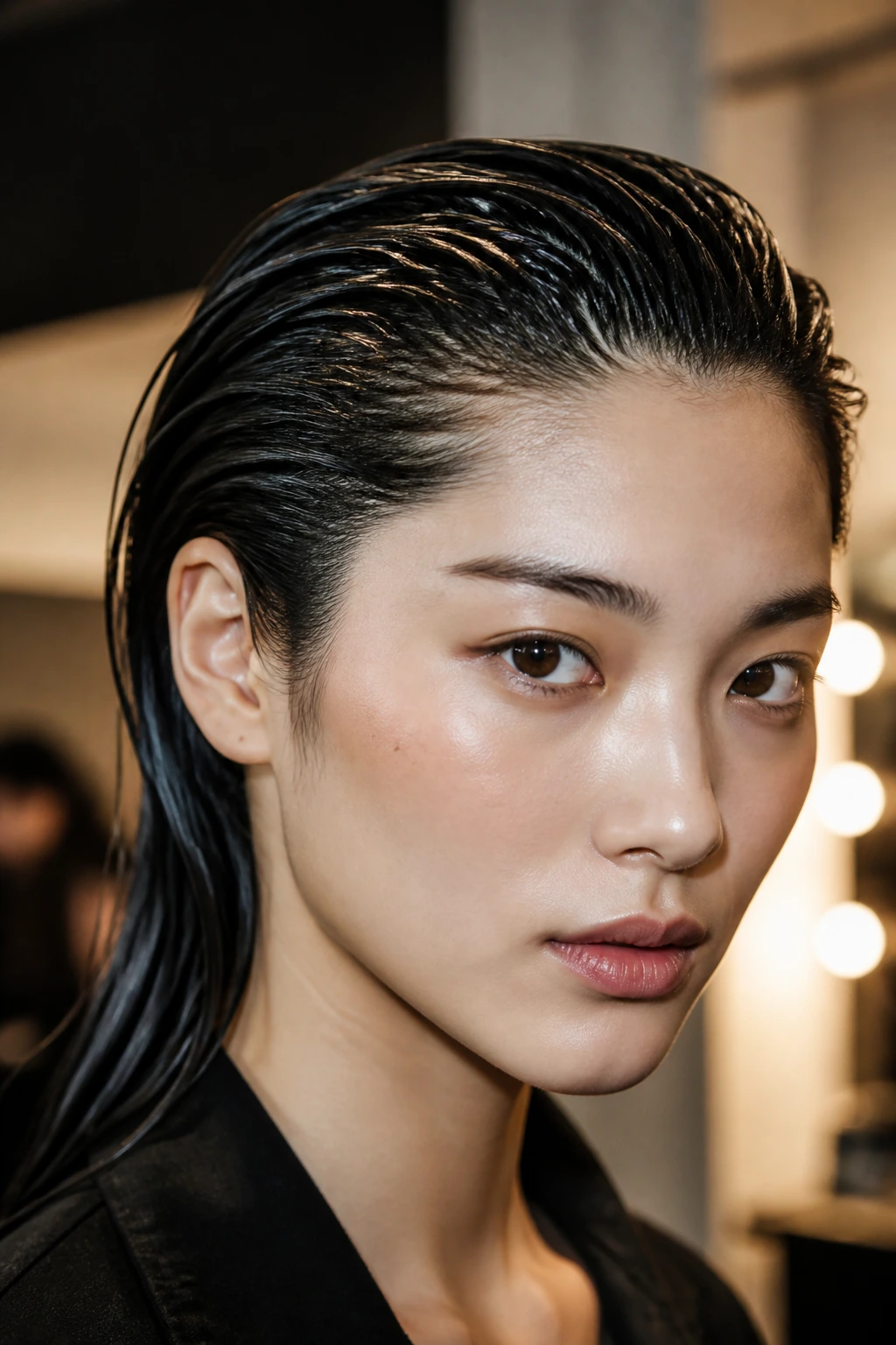 Close-up portrait of a real person with a glossy wet-look hairstyle on jet-black hair