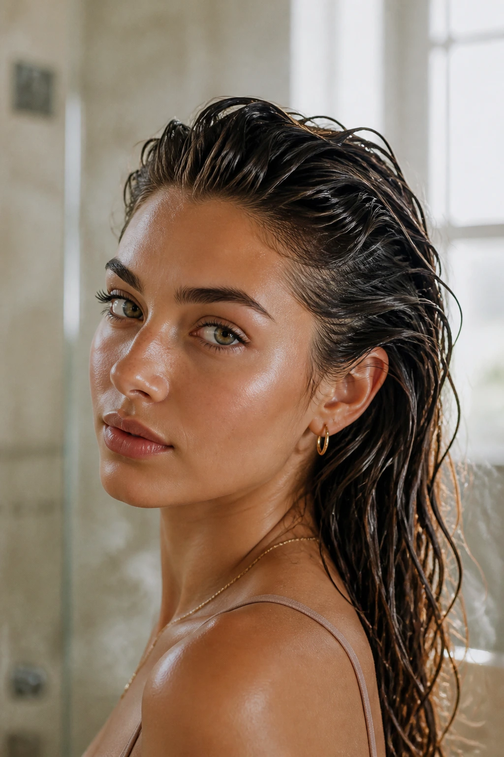 Close-up portrait of a real person with damp glossy hair in a softly lit bathroom.