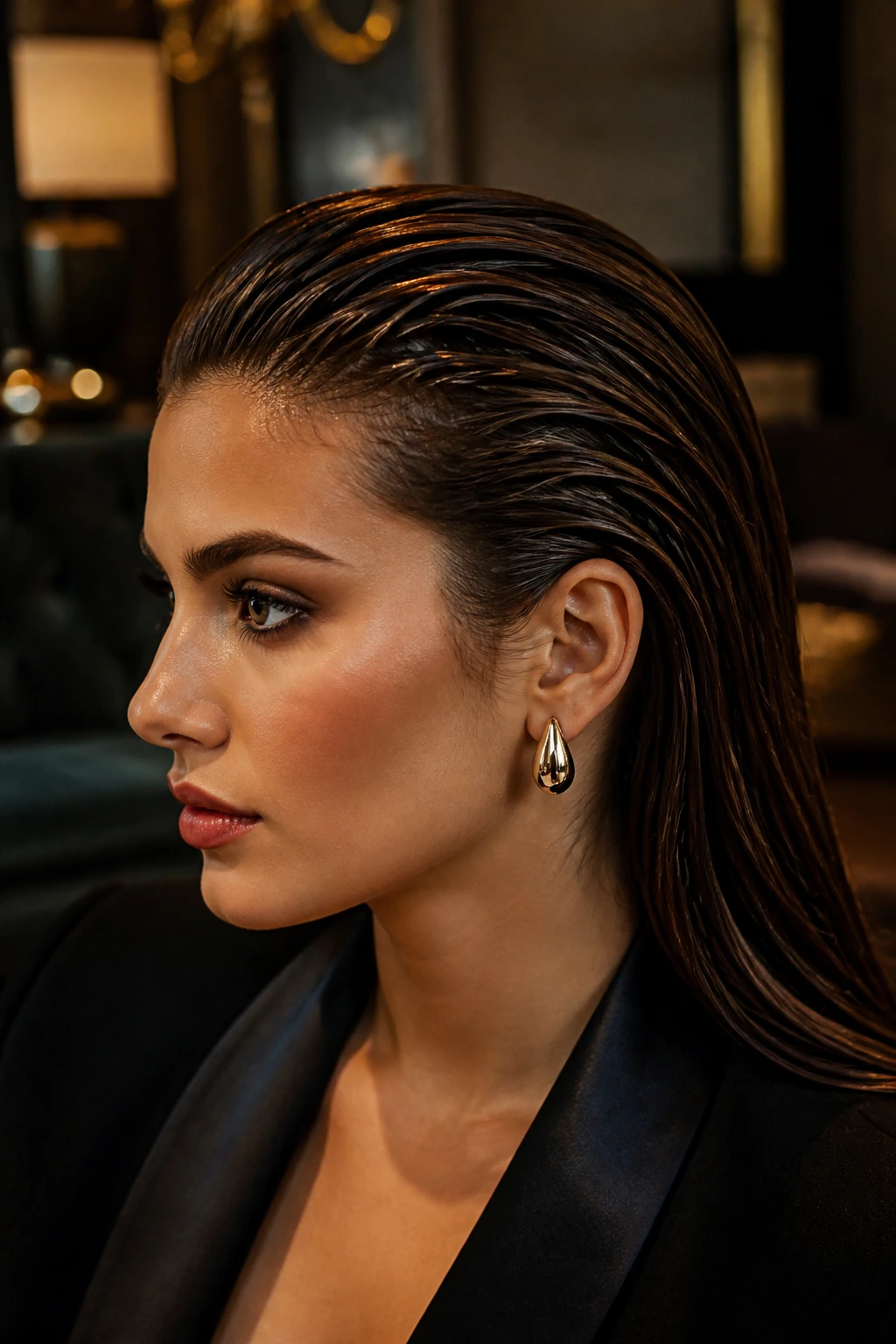 Close-up of glossy wet-look slicked-back hairstyle on a real person.