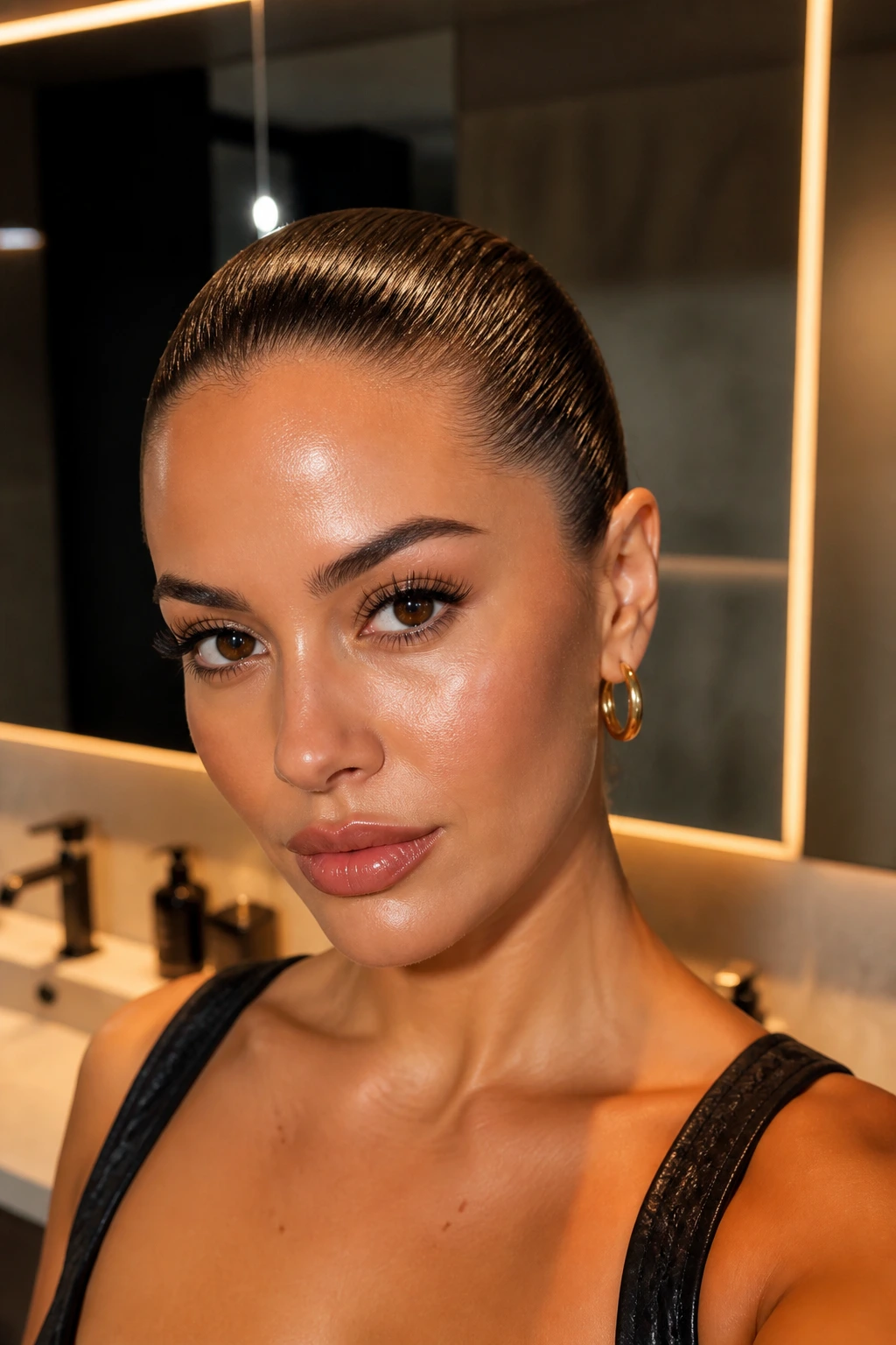 Close-up of a real woman with a polished wet-look hairstyle in a modern bathroom