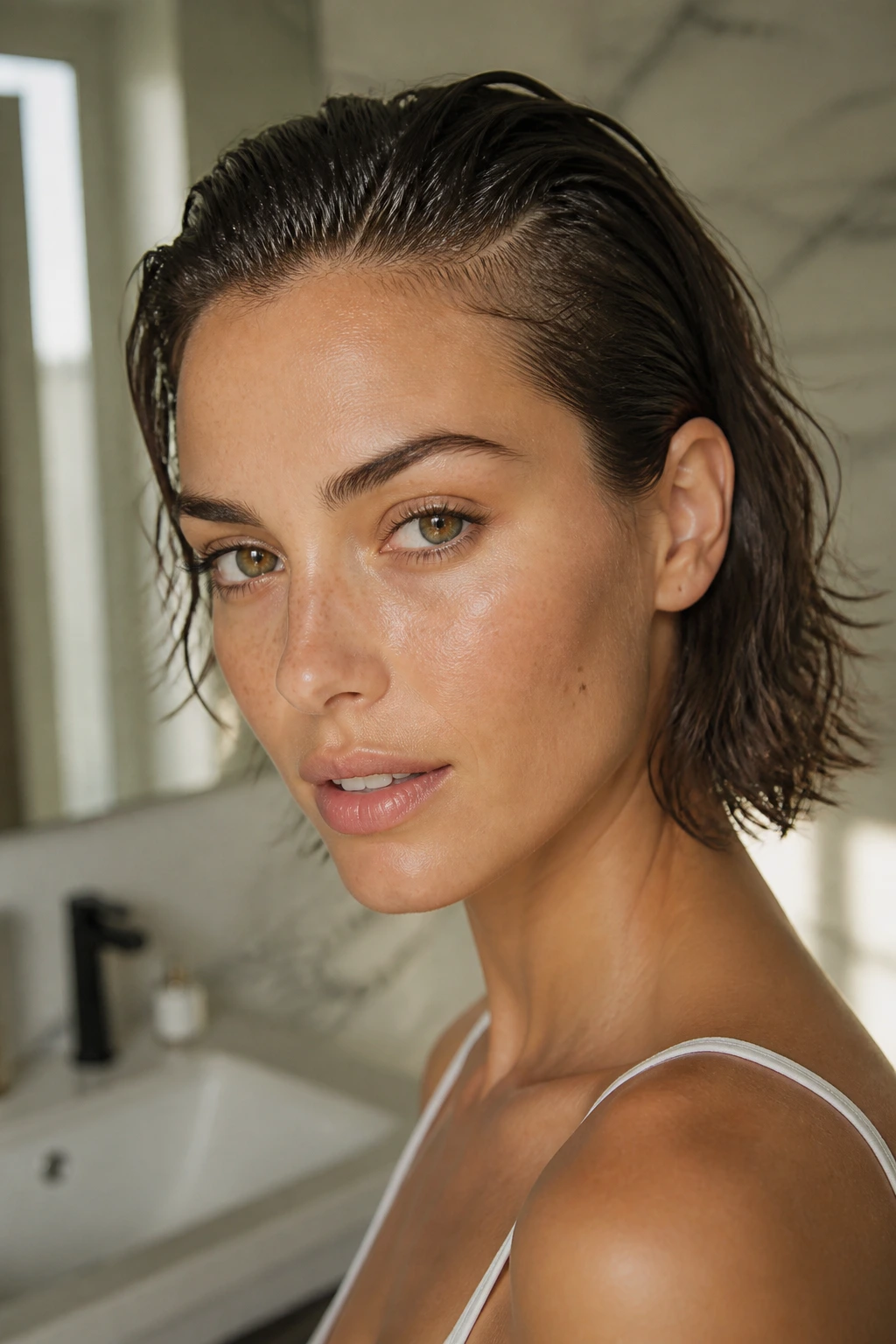 Woman with glossy wet-look front hair and textured rest in a modern bathroom
