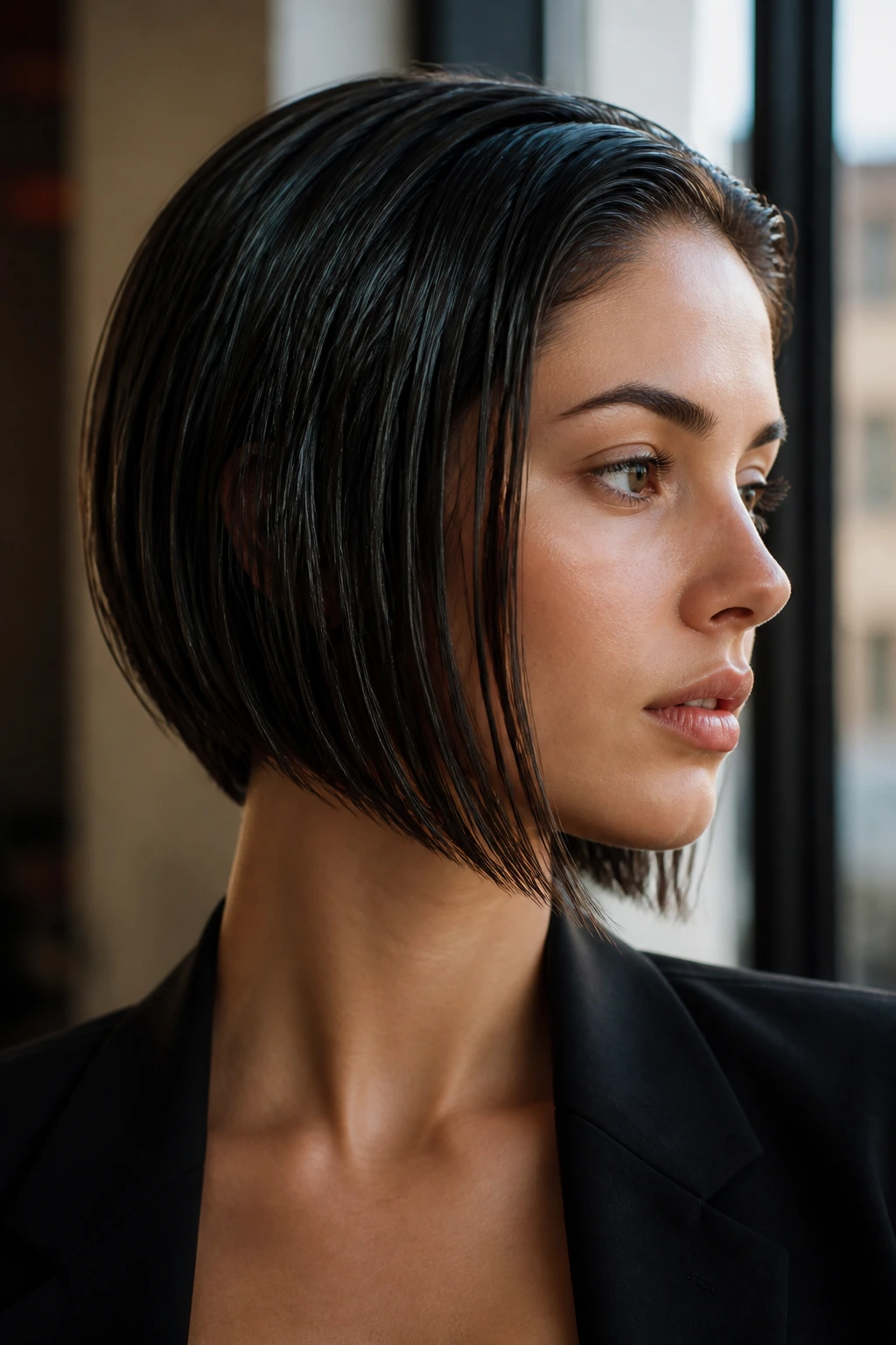 Portrait of a real woman with sleek wet-look inverted bob