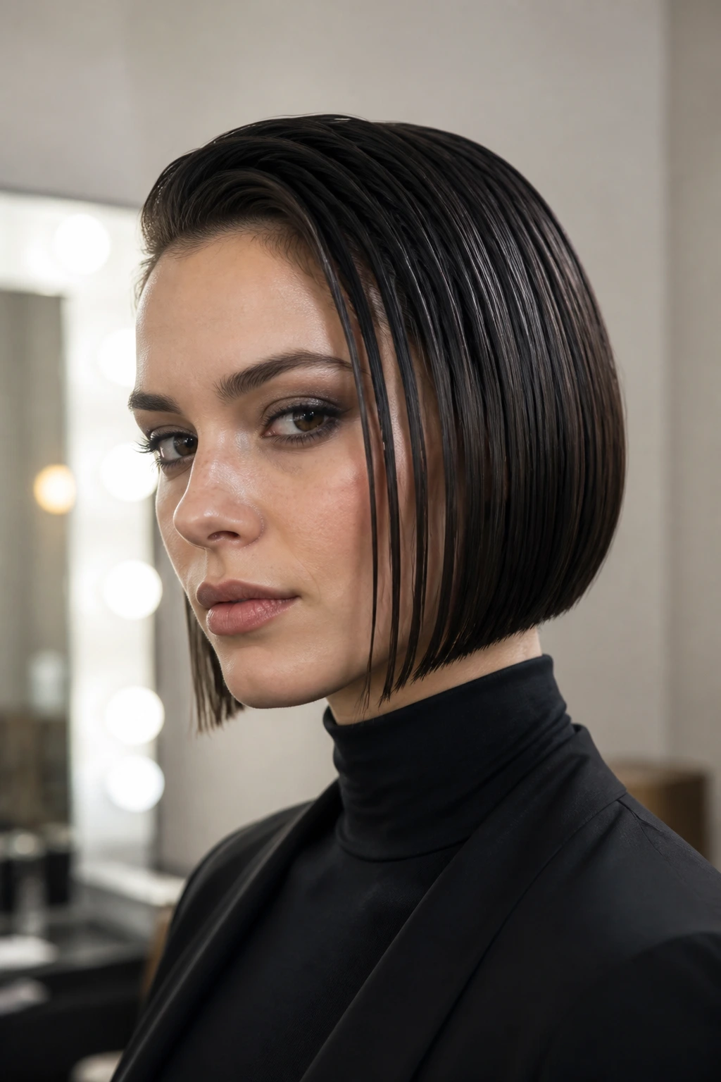 Portrait of a woman with a slick, wet-look inverted bob