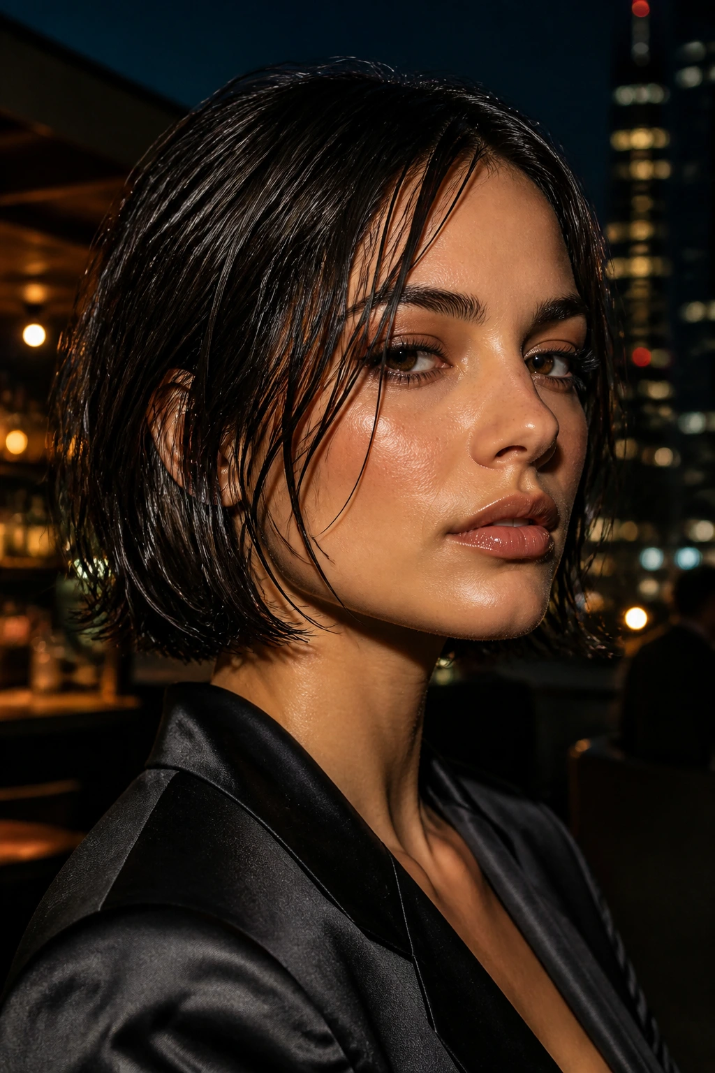 Portrait of person with wet-look layered bob in moody city lights