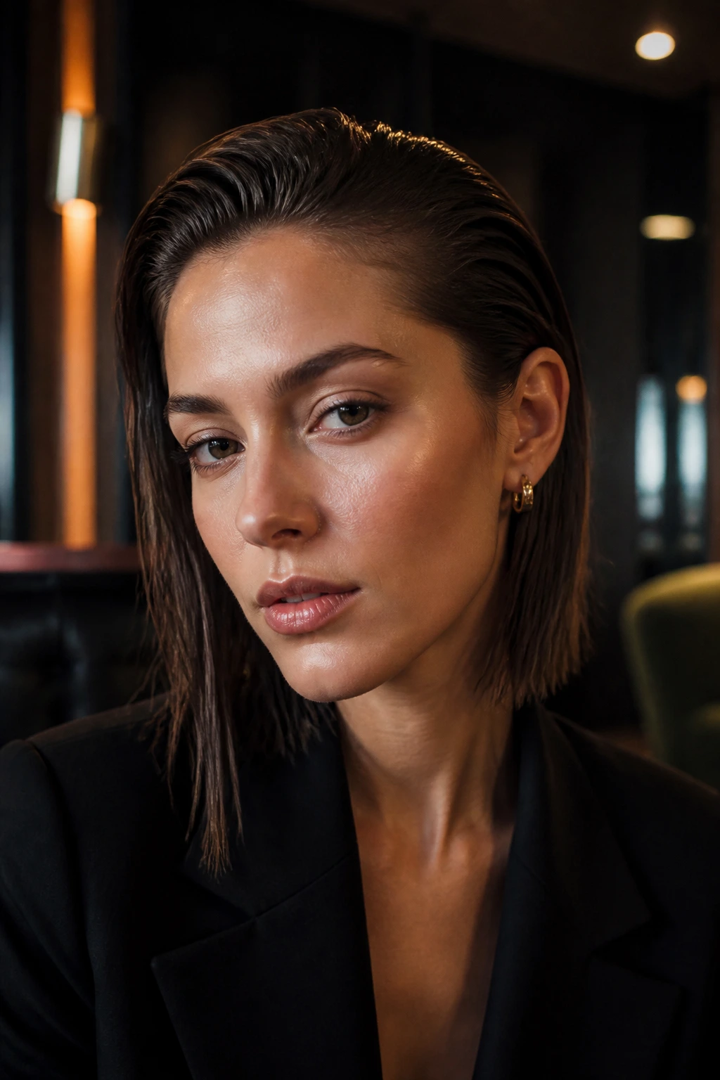 Real person with wet-look pushed-back angled lob in moody lighting