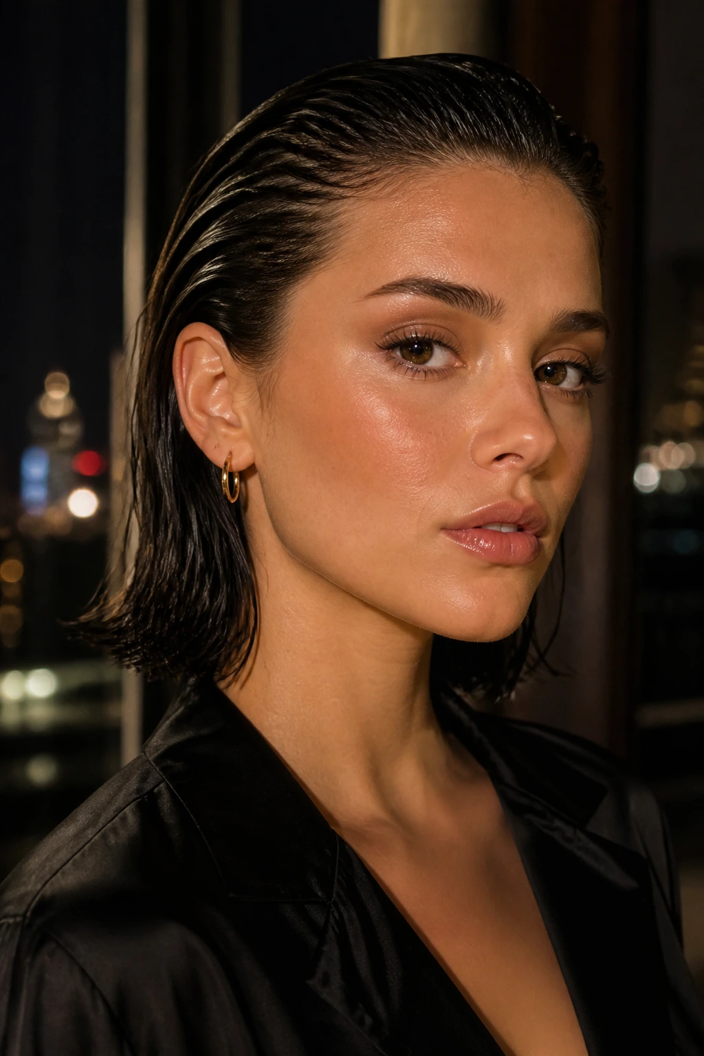 Real person with sleek wet-look lob under evening city lights