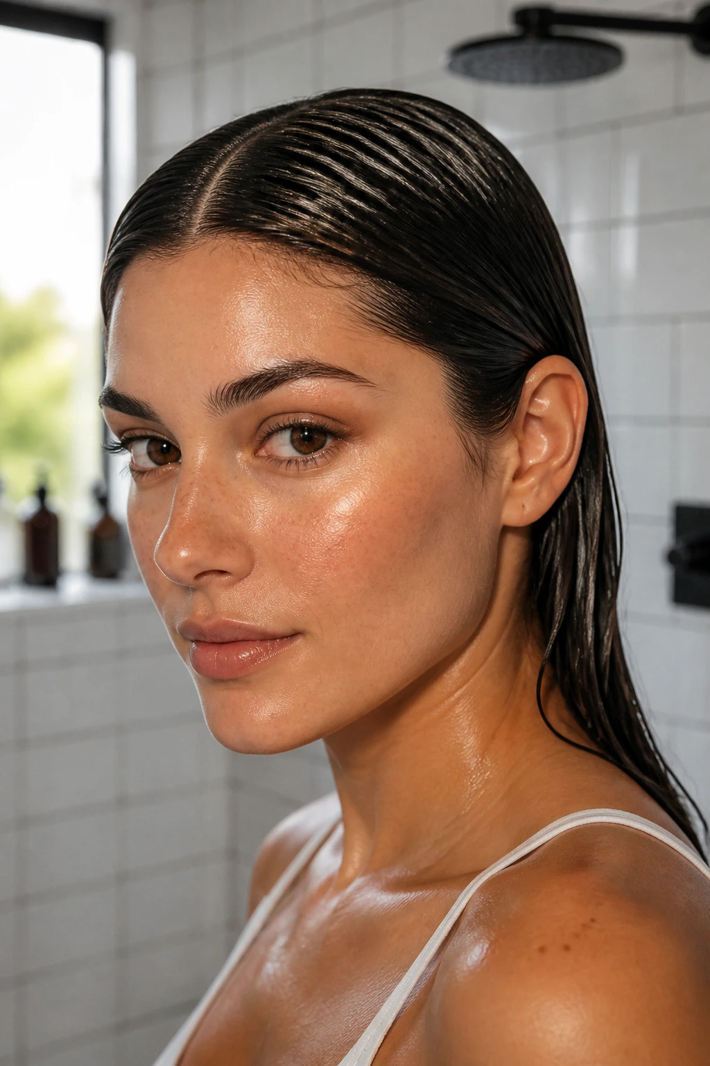 Close-up portrait of a real woman with a wet-look middle part and slicked hair.