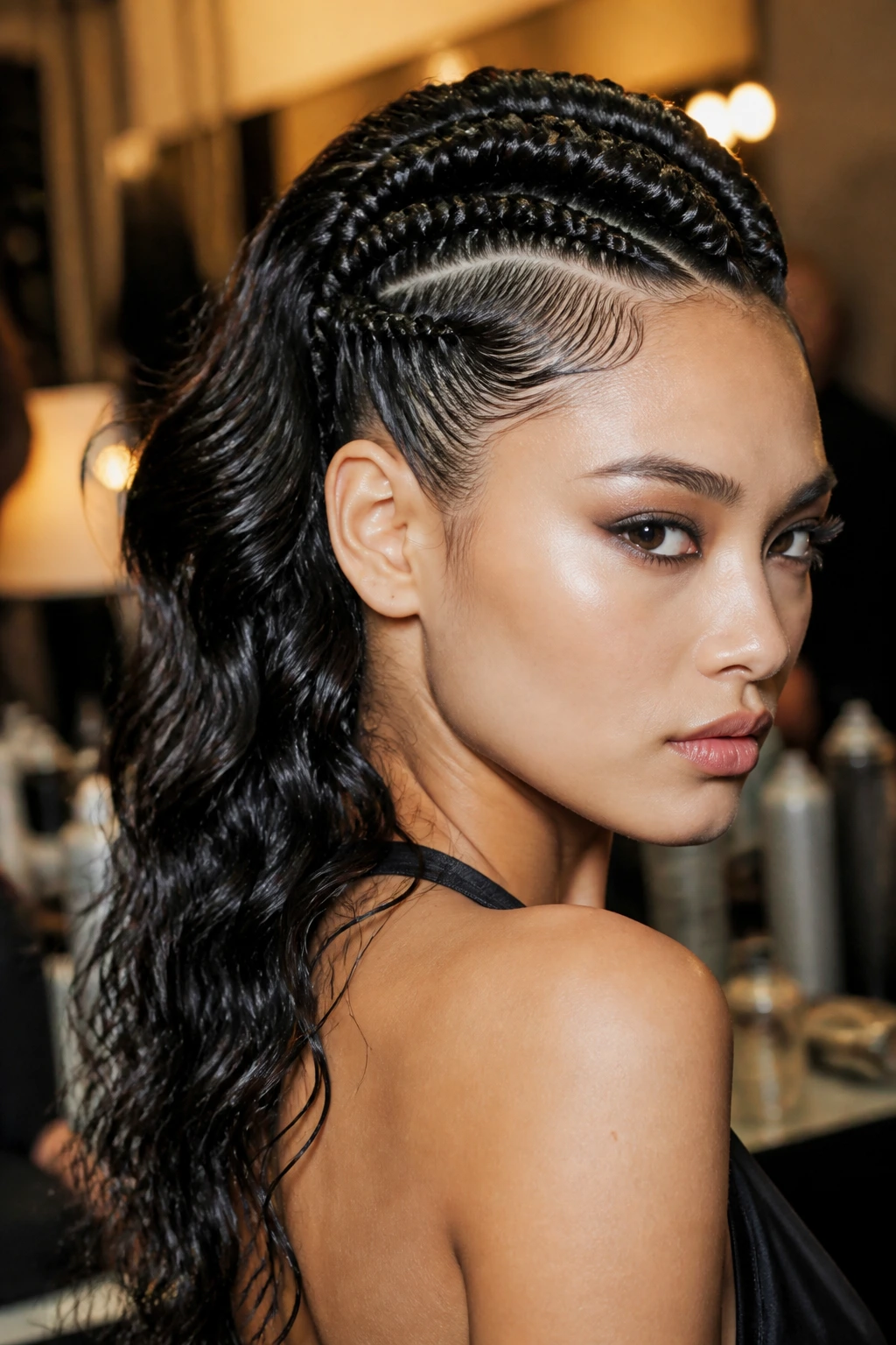 Close-up of a real person with a mohawk braid and glossy waves in a backstage setting