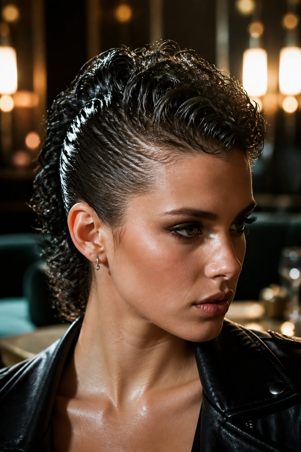 Portrait of a person with a glossy wet-look mohawk and slicked-back sides.