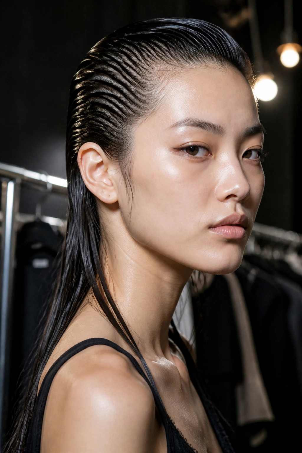 Close-up of a woman with a glossy wet-look slicked-back mullet in a backstage fashion setting