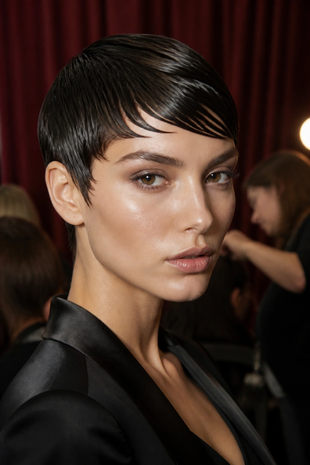 Close-up portrait of a woman with a wet look pixie hairstyle highlighting cheekbones