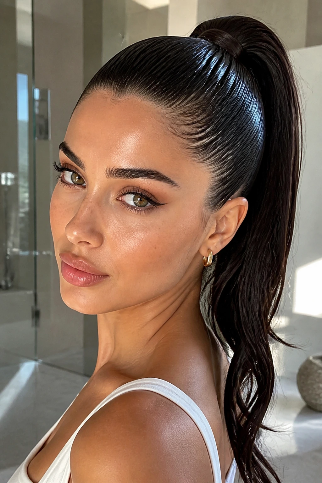Close-up of real woman's head with a high wet-look ponytail