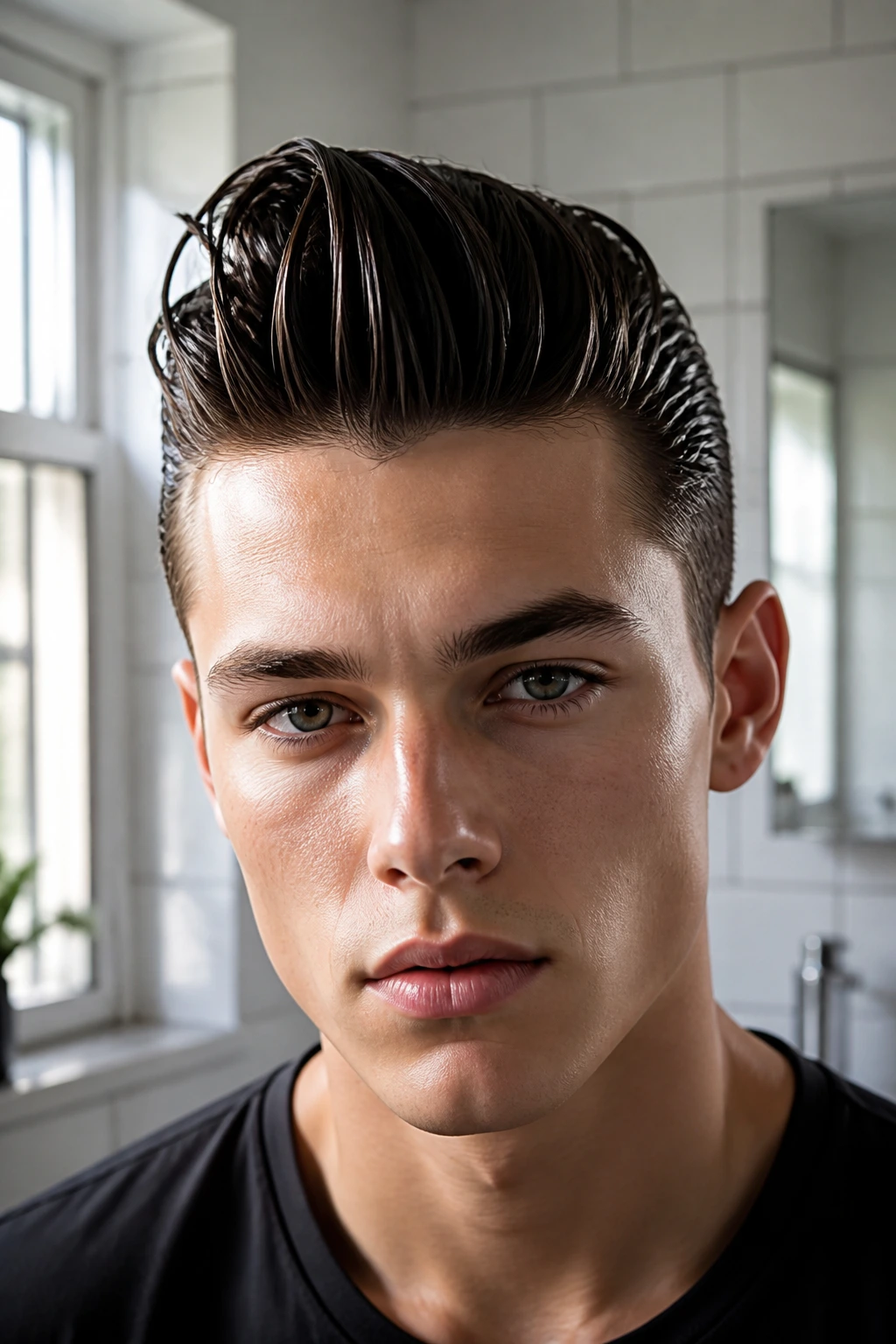 Close-up portrait of a real person with a wet-look quiff in a modern bathroom