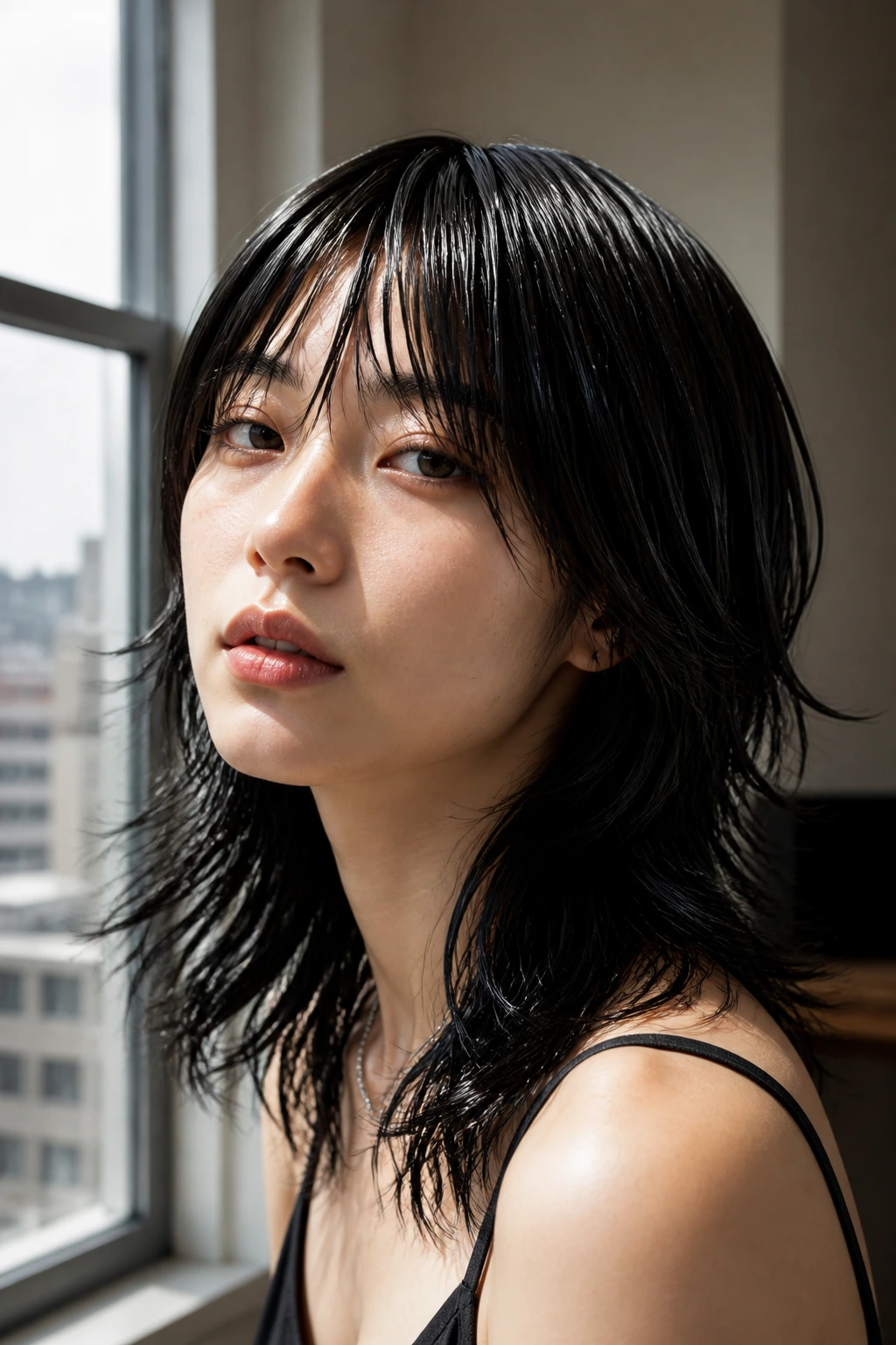 Close-up of a real woman with glossy wet-look shag hairstyle
