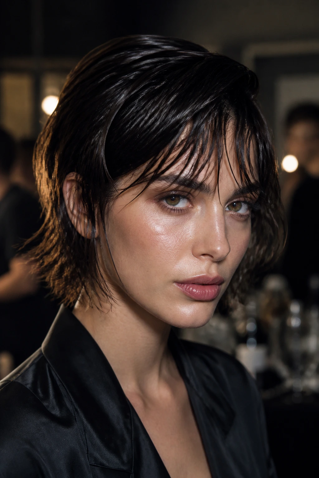 Close-up portrait of a real woman with wet-look shag hairstyle, slicked-back hair and soft curtain bangs