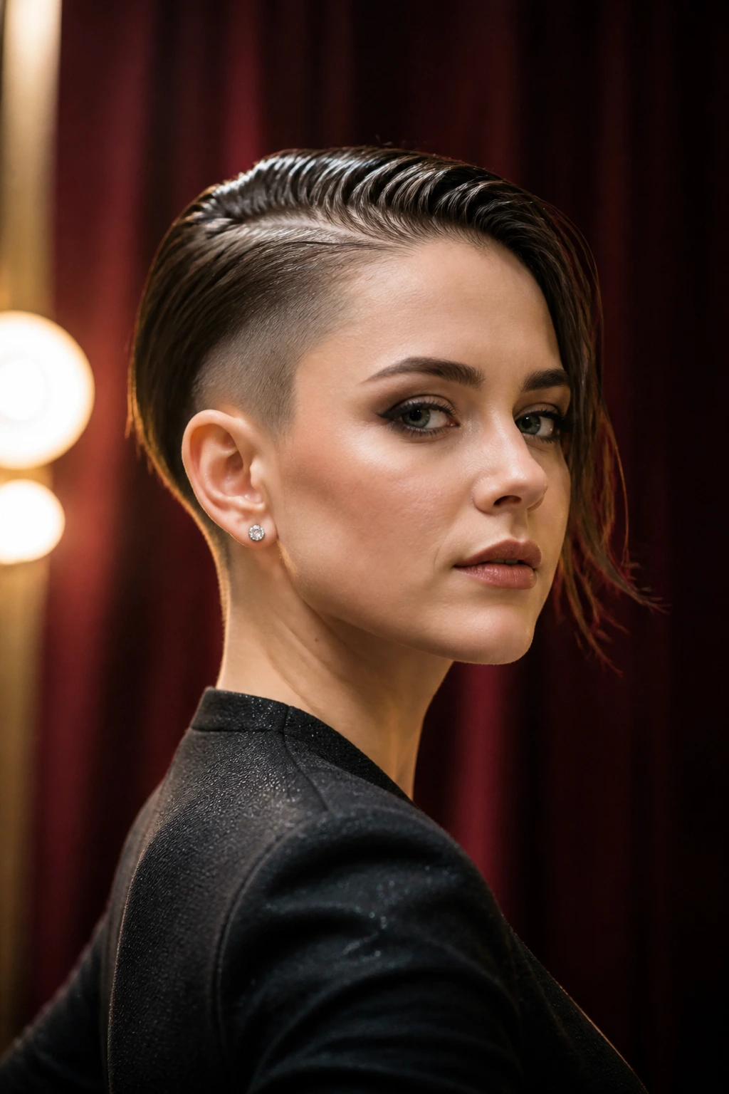 Portrait of a real woman with a sleek wet-look shaved bob in backstage setting.