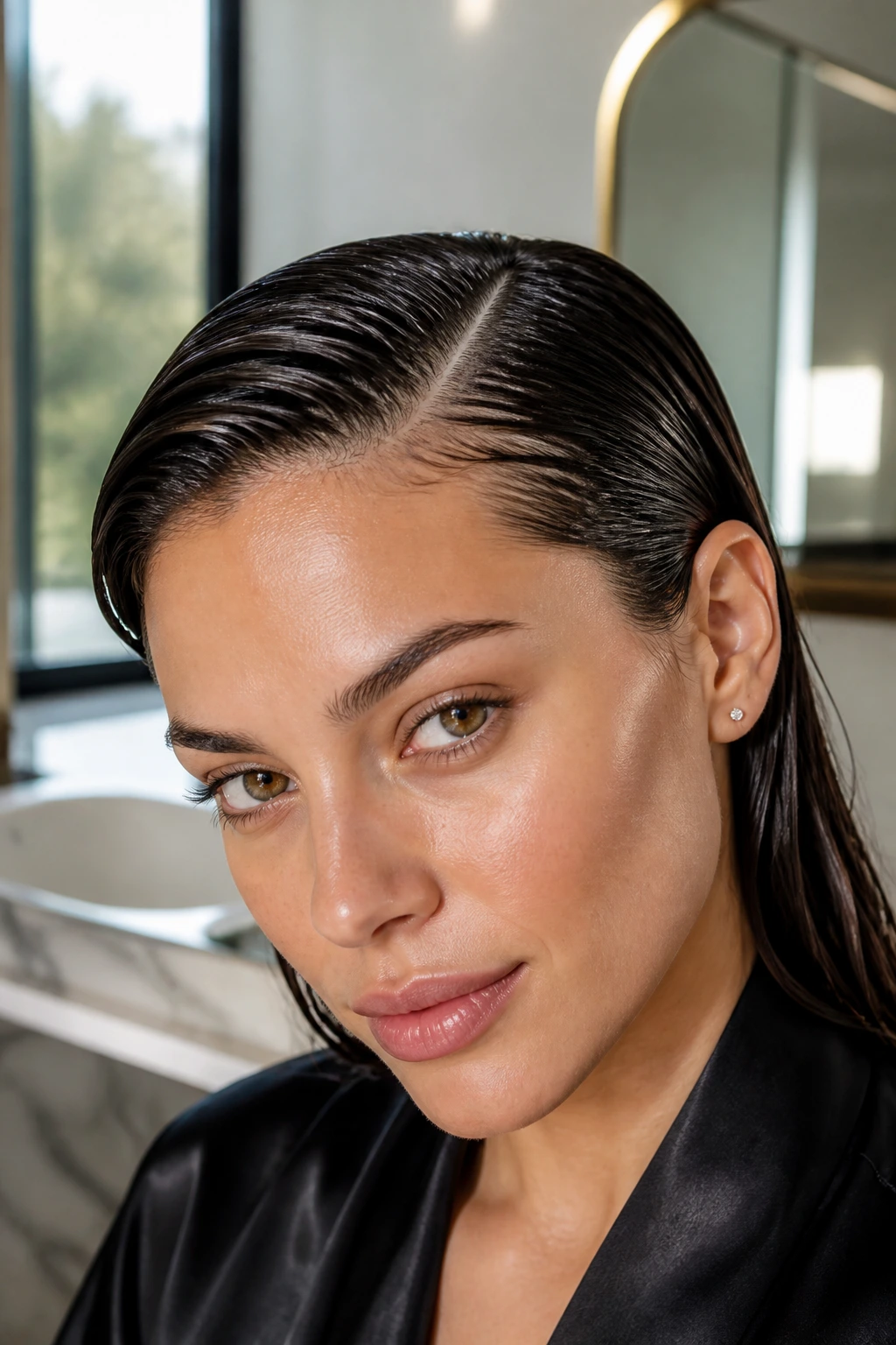 Close-up of a real woman with a deep side part and glossy damp hair