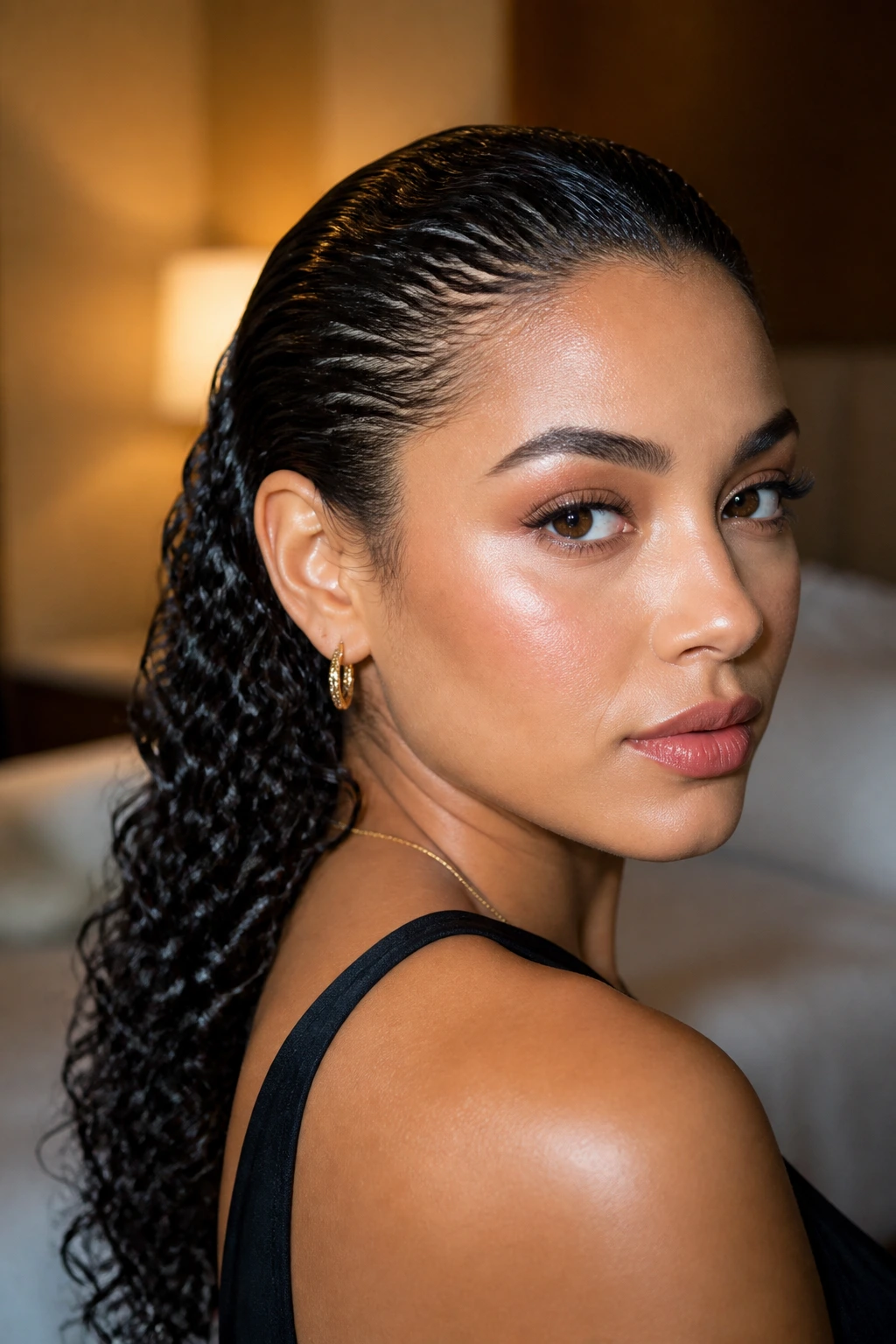 Real woman with wet-look slicked-back curls