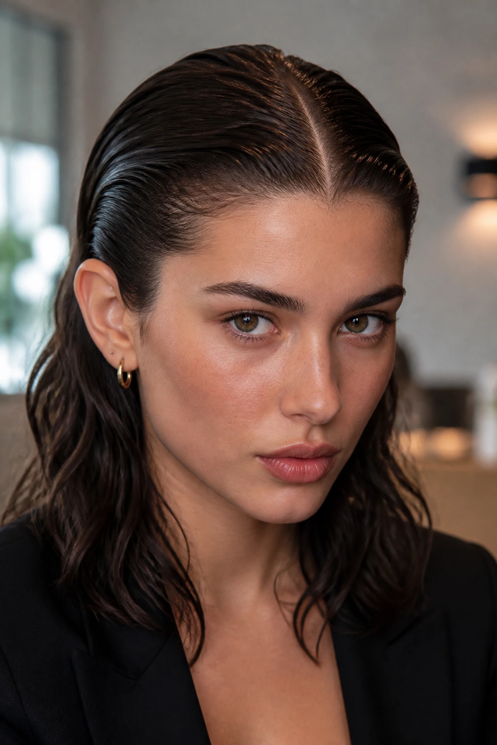 Close-up of a real woman with a wet-look slicked-back top hair and middle part