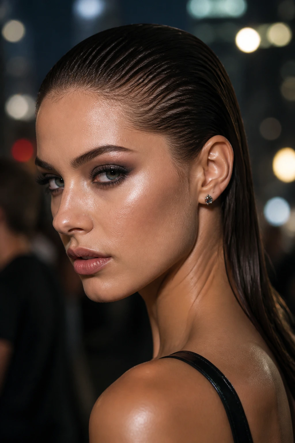 Real woman with wet-look slicked-back hairstyle at an evening party