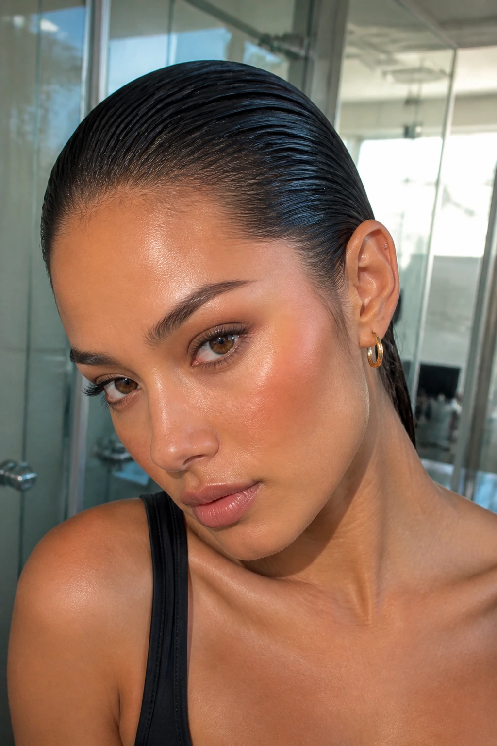 Portrait of a woman with a glossy wet-look slicked-back hairstyle