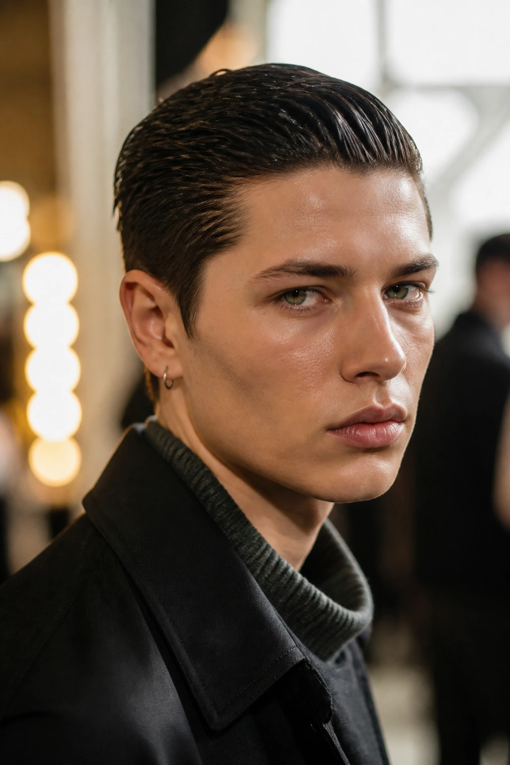 Close-up of real person with wet-look slicked-back high-shine hairstyle