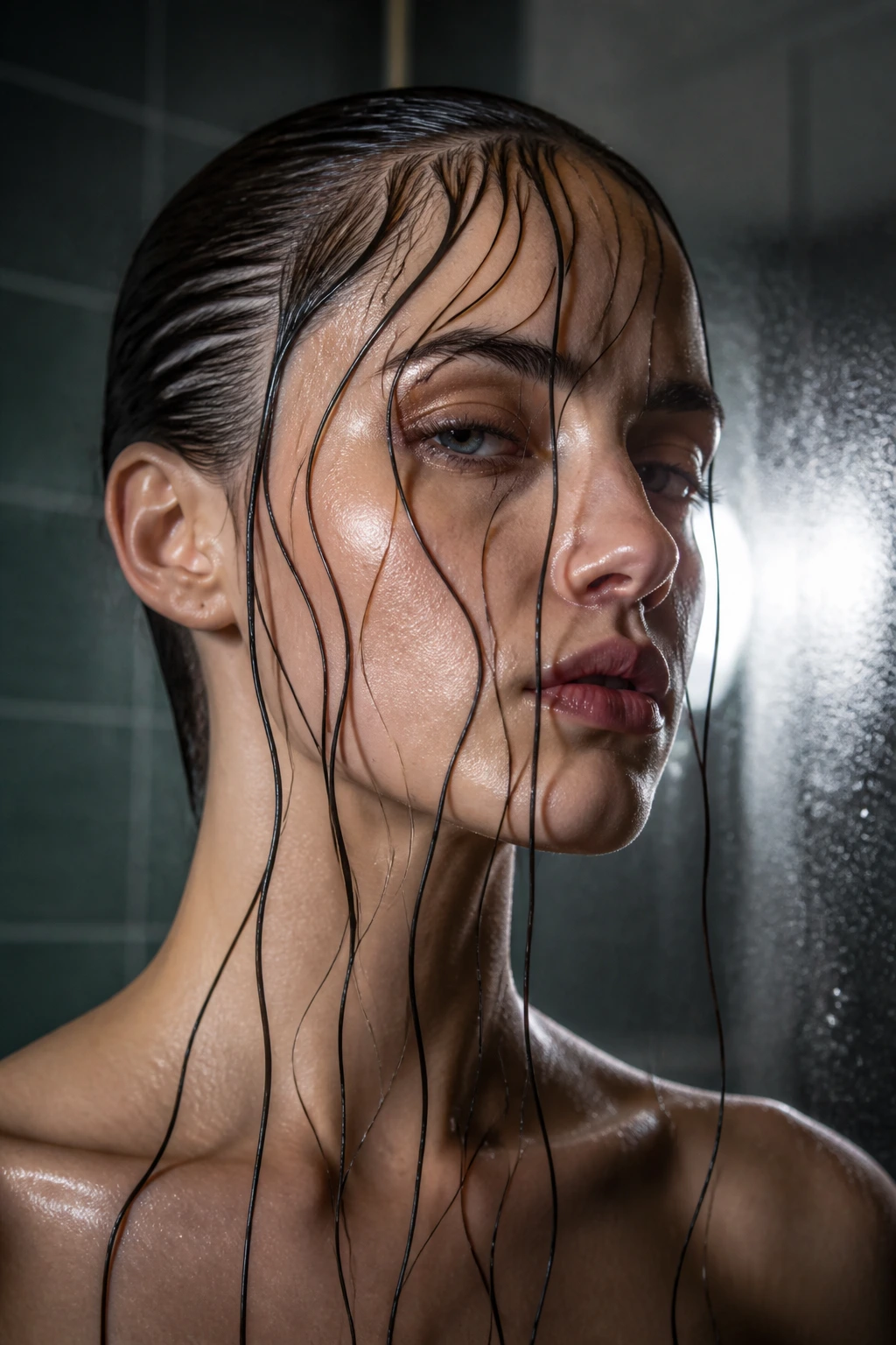 Close-up of a woman with damp hair and long glossy tendrils across her face