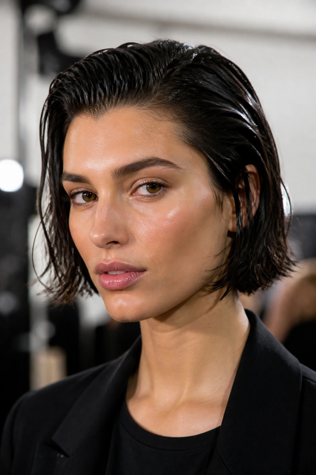 Portrait of a woman with a wet-look textured bob backstage at a fashion show.