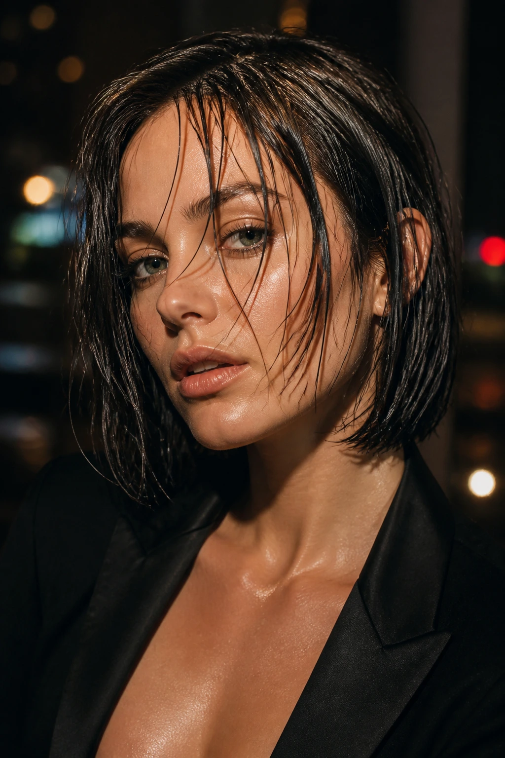 Close-up portrait of a woman with a wet-look textured bob