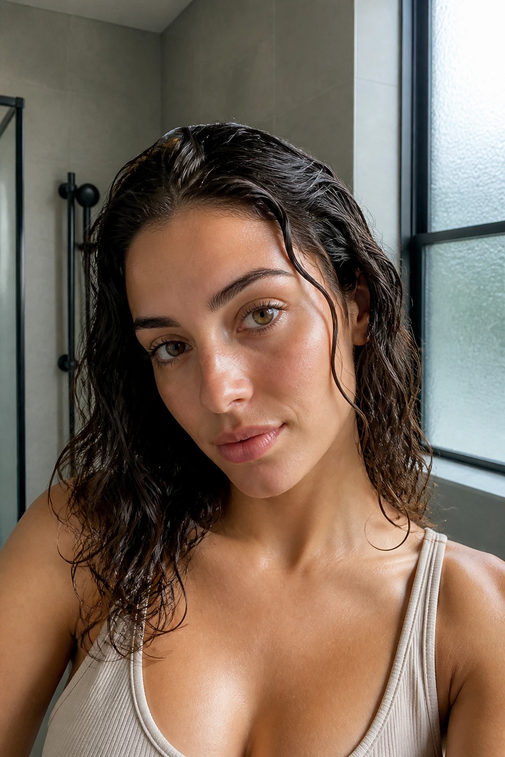 Close-up of a woman with glossy wet-look waves in a modern bathroom